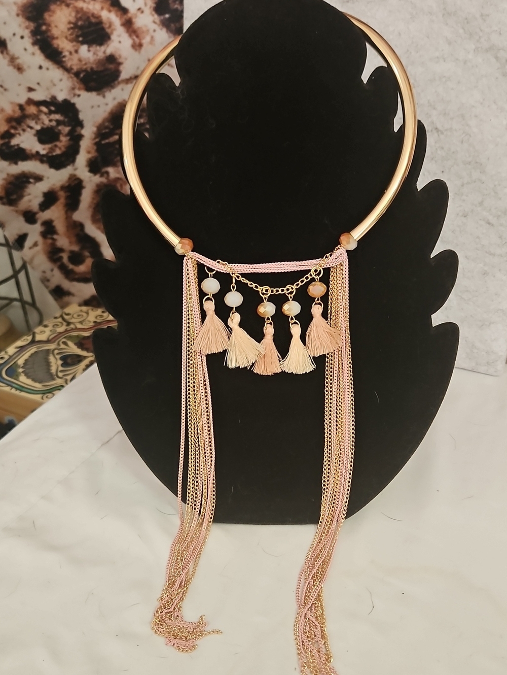 Gold Choker Necklace with Pink Tassels